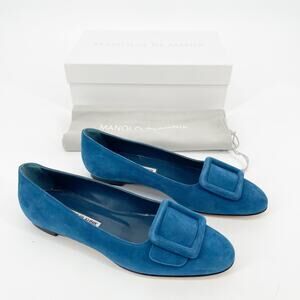 Manolo Blahnik Maydi Turquoise Suede Decorative Buckle Almond Toe Flats IT 37